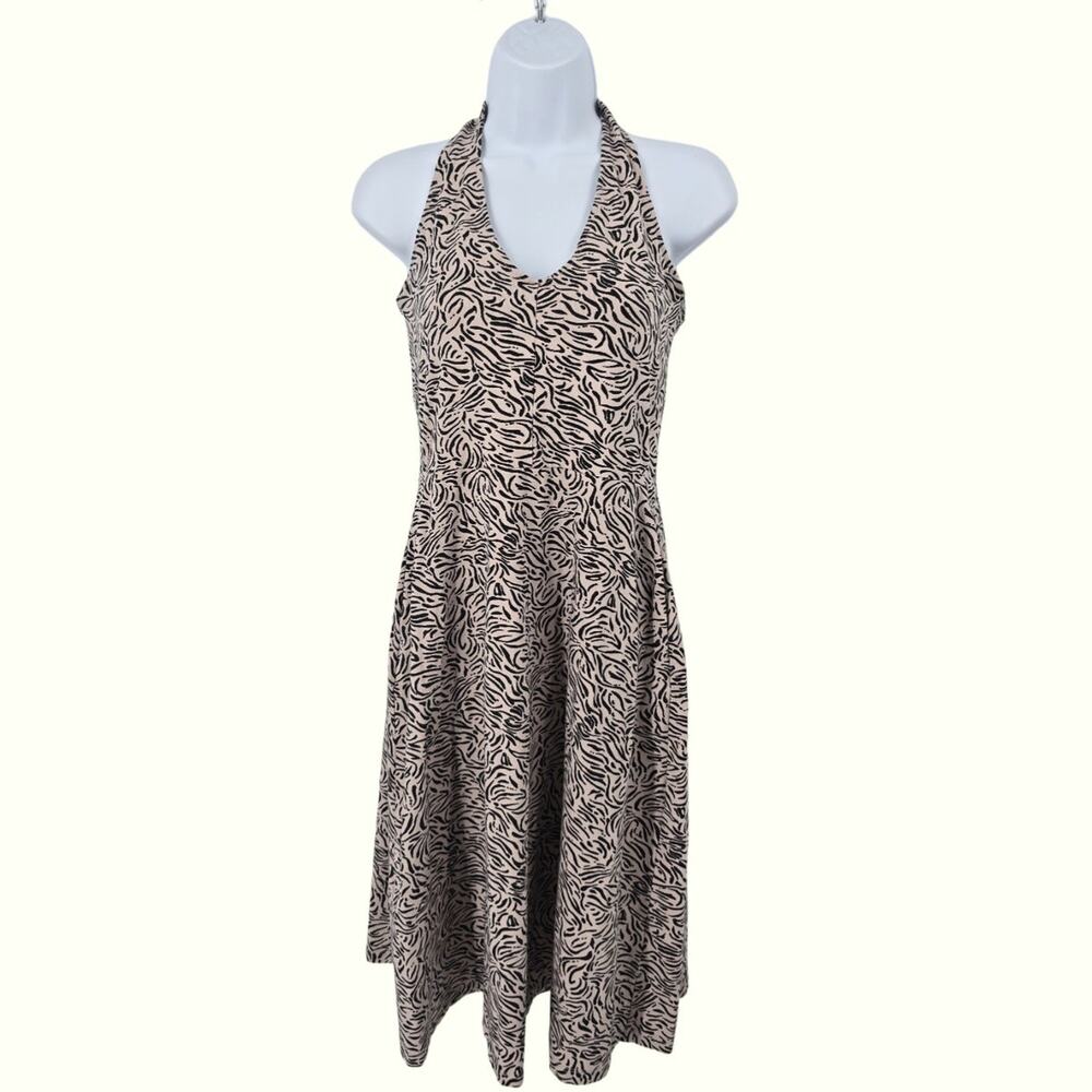 Pact Organic Cotton Animal Print Halter Fit & Flare Midi Dress Pockets Size M